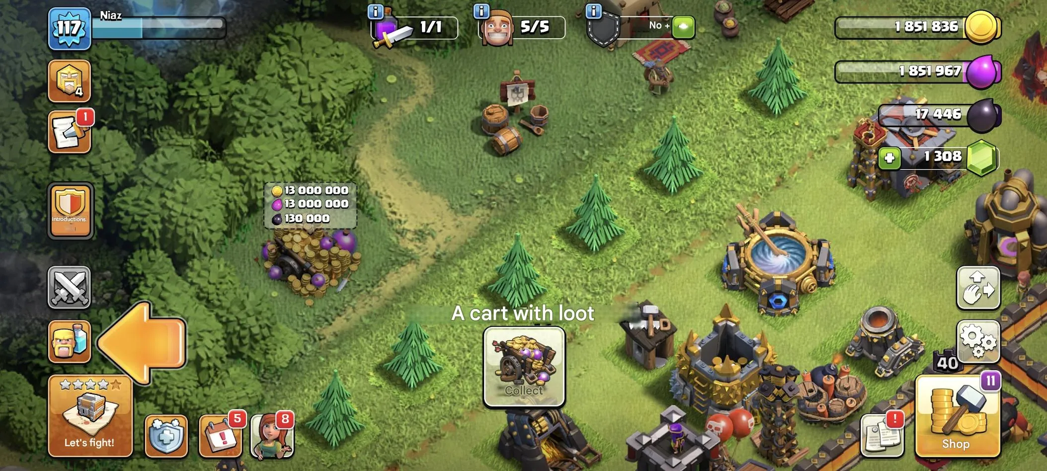 COC566 TH13 117 LVL 40/40/10 Heroes 5 Builders 1300 Gems Royal Champion Skin Troops Skins Items Nickname Change 